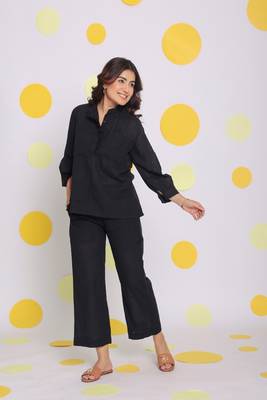 Black collared shirt and pant two piece set summer relaxed linen co-ord set 1