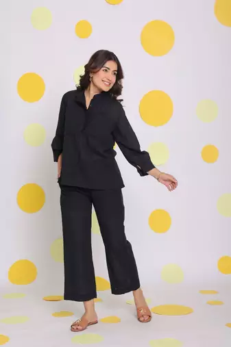 Black collared shirt and pant two piece set summer relaxed linen co-ord set