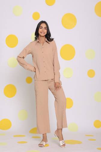 Beige shirt and pant two piece set summer everyday wear co-ord set