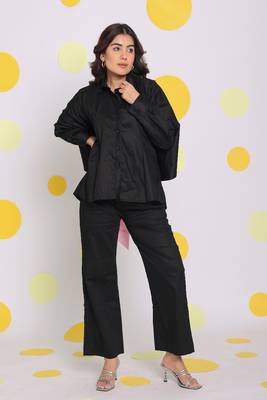 Black buttoned shirt with baby pink back tie up and pant summer everyday wear 100% cotton co-ord set 1