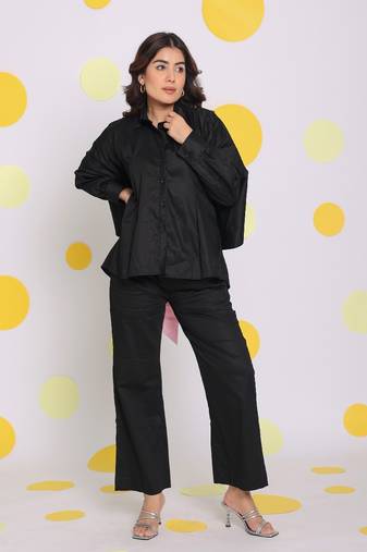 Black buttoned shirt with baby pink back tie up and pant summer everyday wear 100% cotton co-ord set