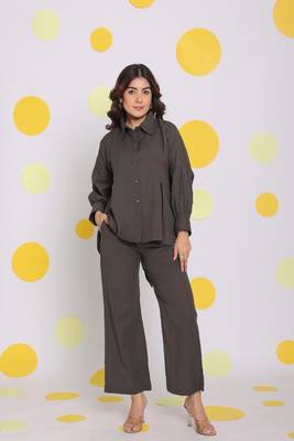 Grey buttoned shirt and pant two piece set relaxed linen co-ord set 1
