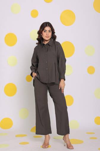Grey buttoned shirt and pant two piece set relaxed linen co-ord set