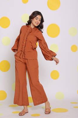 Brown statement frilled buttoned shirt and pant relaxed linen co-ord set 1