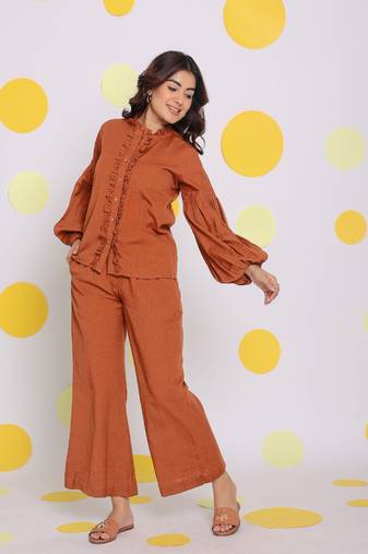 Brown statement frilled buttoned shirt and pant relaxed linen co-ord set