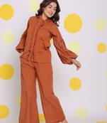 Brown statement frilled buttoned shirt and pant relaxed linen co-ord set