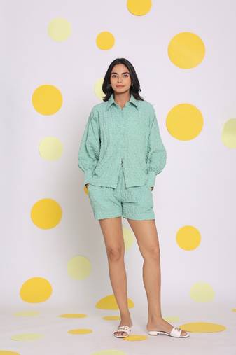 Light green shirt and shorts two piece set summer casual co-ord set