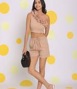 Beige one shoulder off frilled top and shorts two piece set summer co-ord set