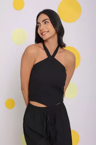Black halter neck crop top and shorts two piece set summer relaxed co-ord set