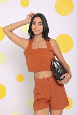 Brown summer relaxed casual crop top and shorts linen co-ord set 1