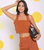 Brown summer relaxed casual crop top and shorts linen co-ord set