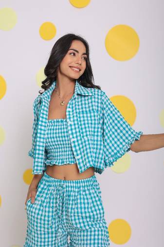 White and aqua blue summer tube top, shirt and shorts relaxed 3 pc co-ord set
