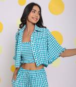 White and aqua blue summer tube top, shirt and shorts relaxed 3 pc co-ord set