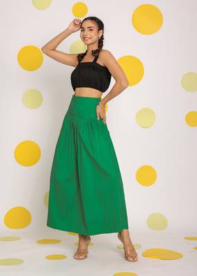 Black crop top and corset fitted green long skirt cotton co-ord set 1