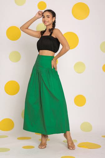 Black crop top and corset fitted green long skirt cotton co-ord set