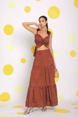 Coffee brown sweetheart neckline crop top with back tie up and long skirt 100% cotton resort wear co-ord set 1