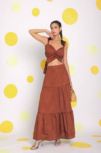 Coffee brown sweetheart neckline crop top with back tie up and long skirt 100% cotton resort wear co-ord set