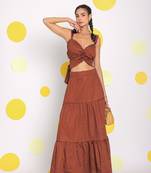 Coffee brown sweetheart neckline crop top with back tie up and long skirt 100% cotton resort wear co-ord set
