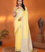 Yellow pure linen bollywood plain saree with silver zari border