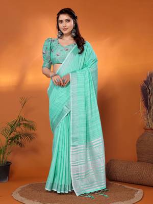 Green pure linen bollywood plain saree with silver zari border 1