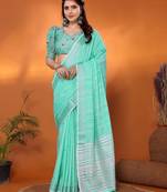 Green pure linen bollywood plain saree with silver zari border