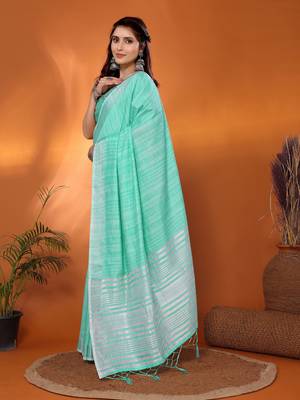Green pure linen bollywood plain saree with silver zari border 2