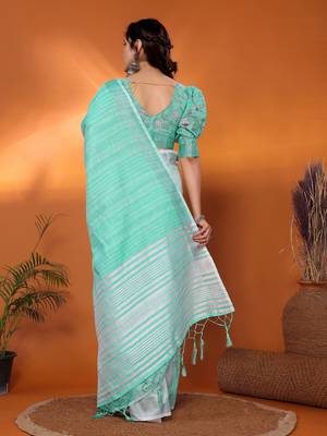 Green pure linen bollywood plain saree with silver zari border 3