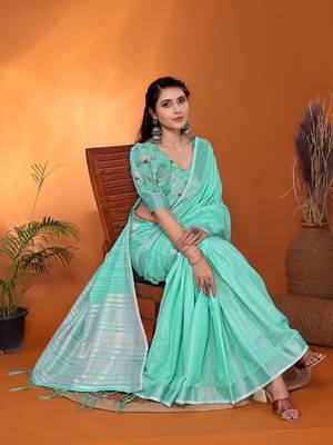 Green pure linen bollywood plain saree with silver zari border 4