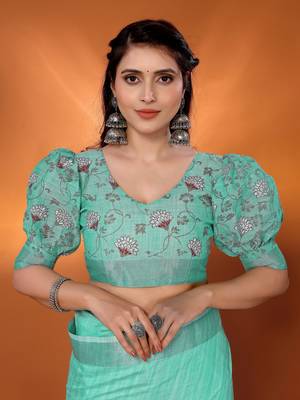 Green pure linen bollywood plain saree with silver zari border 5