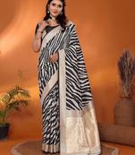 Black & off white soft cotton animal print bollywood saree