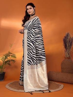 Black & off white soft cotton animal print bollywood saree 2