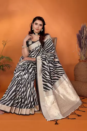 Black & off white soft cotton animal print bollywood saree