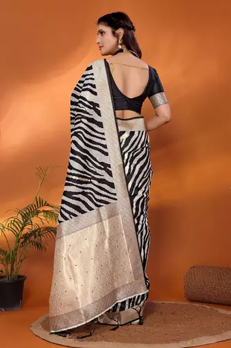 Black & off white soft cotton animal print bollywood saree