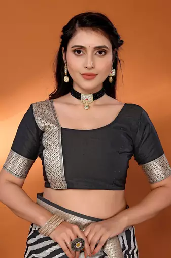 Black & off white soft cotton animal print bollywood saree