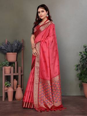 Carrot red soft silk woven designed patola saree 2