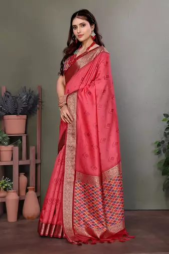 Carrot red soft silk woven designed patola saree