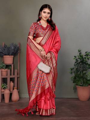 Carrot red soft silk woven designed patola saree 3
