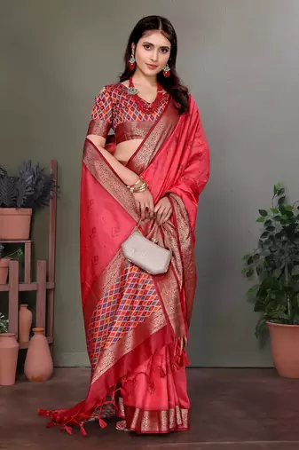 Carrot red soft silk woven designed patola saree