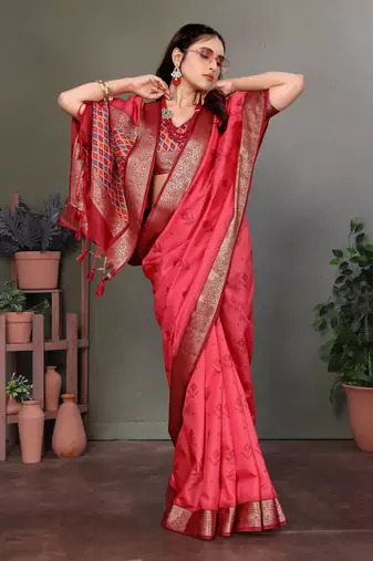 Carrot red soft silk woven designed patola saree