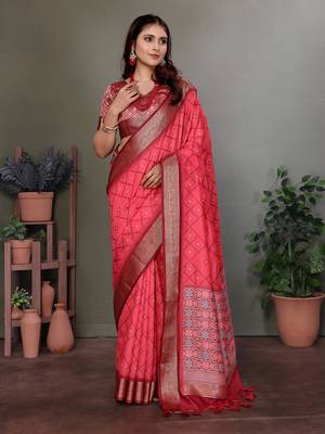Carrot red soft silk geometric designed patola saree 1