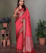 Carrot red soft silk geometric designed patola saree