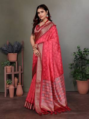 Carrot red soft silk geometric designed patola saree 2