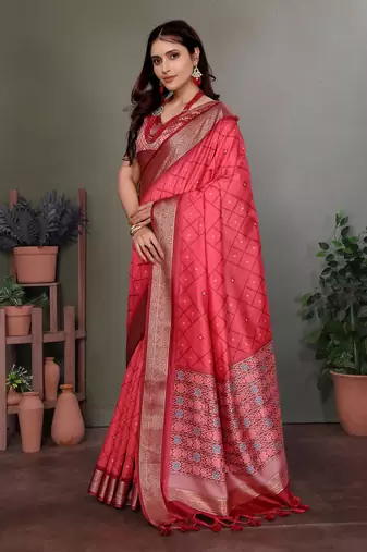 Carrot red soft silk geometric designed patola saree
