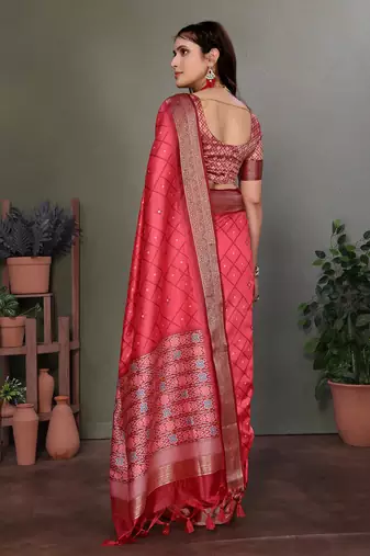 Carrot red soft silk geometric designed patola saree