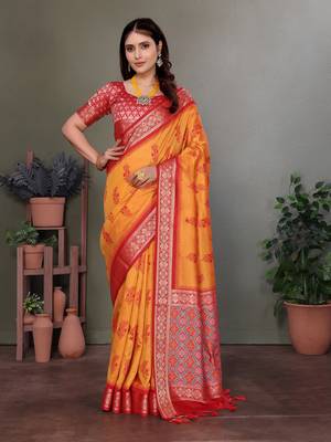 Orange soft silk floral designed patola saree 1