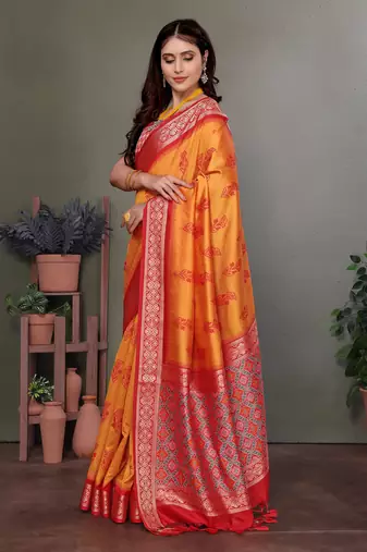 Orange soft silk floral designed patola saree
