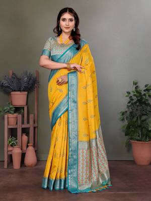 Yellow soft silk woven designed patola saree 1