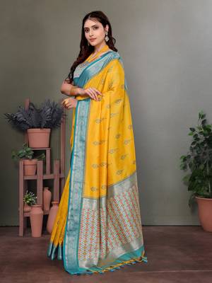 Yellow soft silk woven designed patola saree 2