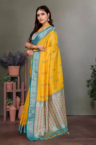 Yellow soft silk woven designed patola saree