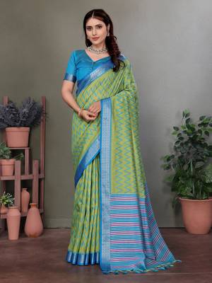 Parrot green soft silk zig zag pattern bollywood saree 1